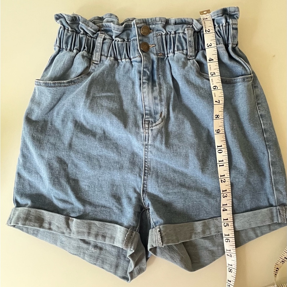 High waisted blue denim shorts